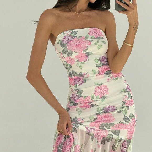 Multicolor Boho Womens Romantic Strapless Floral Mesh Asymmetrical Bodycon Dress - Picture 8 of 8